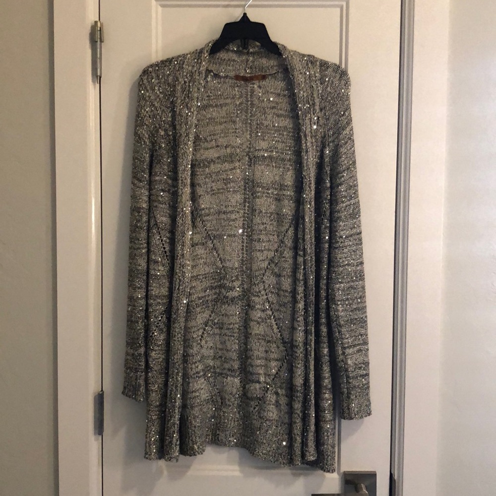 Belldini sequin cardigan, black and light grey marled with silver sequins